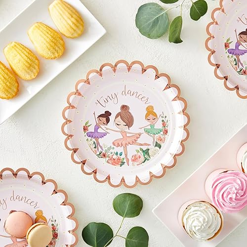 Miniatura 2 de BLUE PANDA Platos de bailarina de papel dorado festoneado, 9 pulgadas, rosa y dorado, 48 unidades, pequeños platos de bailarina para cumpleaños