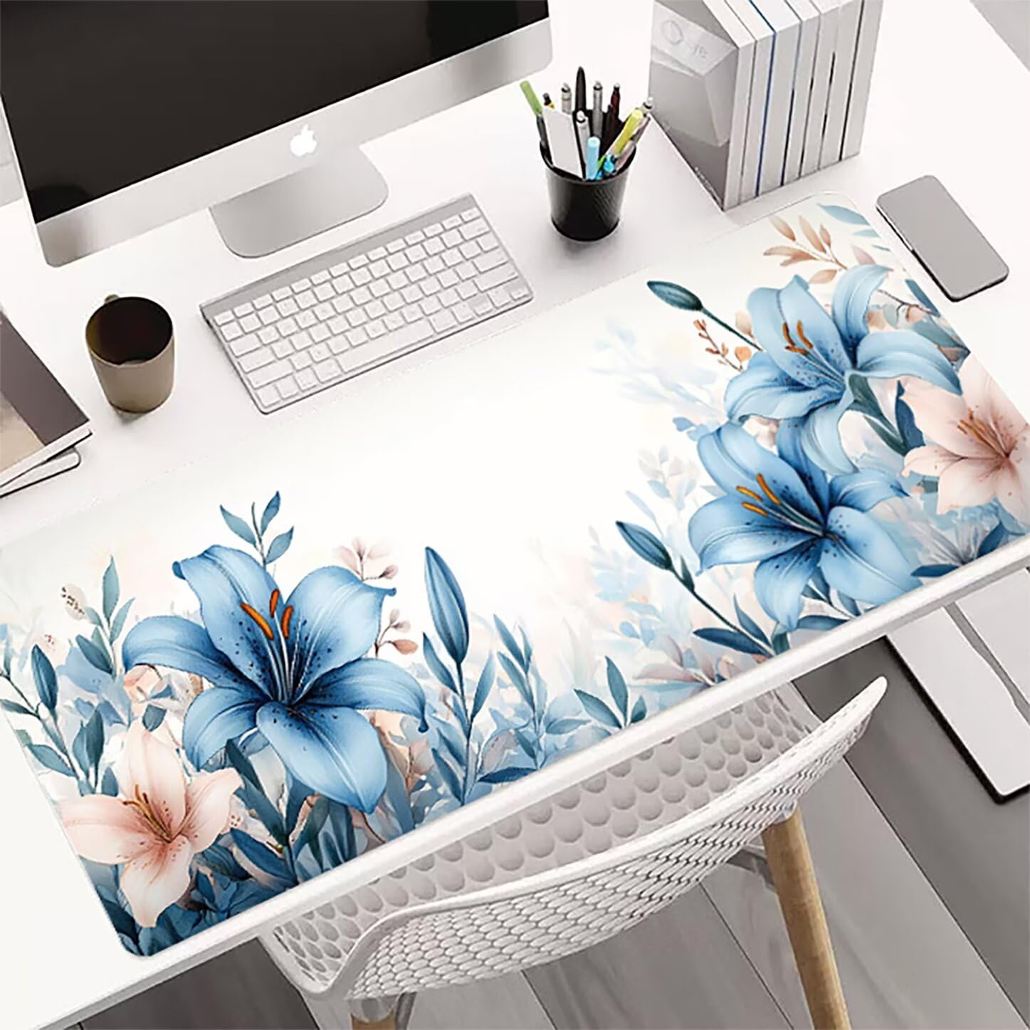 Lpfieonn Blume Großes Schreibtischunterlage, XXL Schreibtischunterlagen, Weiß XXL Wasserdicht Gaming Mousepad mit Vernähter Rand und Rutschfeste Gummibasis, für Laptop/Hause/Büro 120x60cm PF-1637