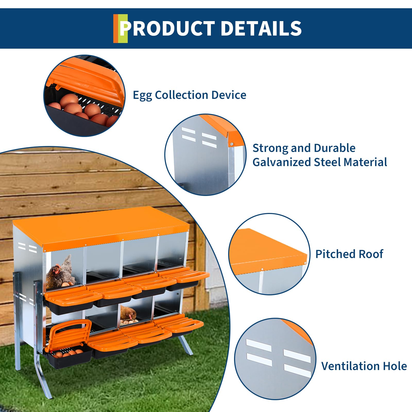 Caja de Anidación Resistente para Gallinas, 6/8 Compartimentos de Acero Galvanizado Antióxido, Tapa Extraíble, Fondo Inclinado (Naranja, 8 Compartimentos - Estructura De Soporte)