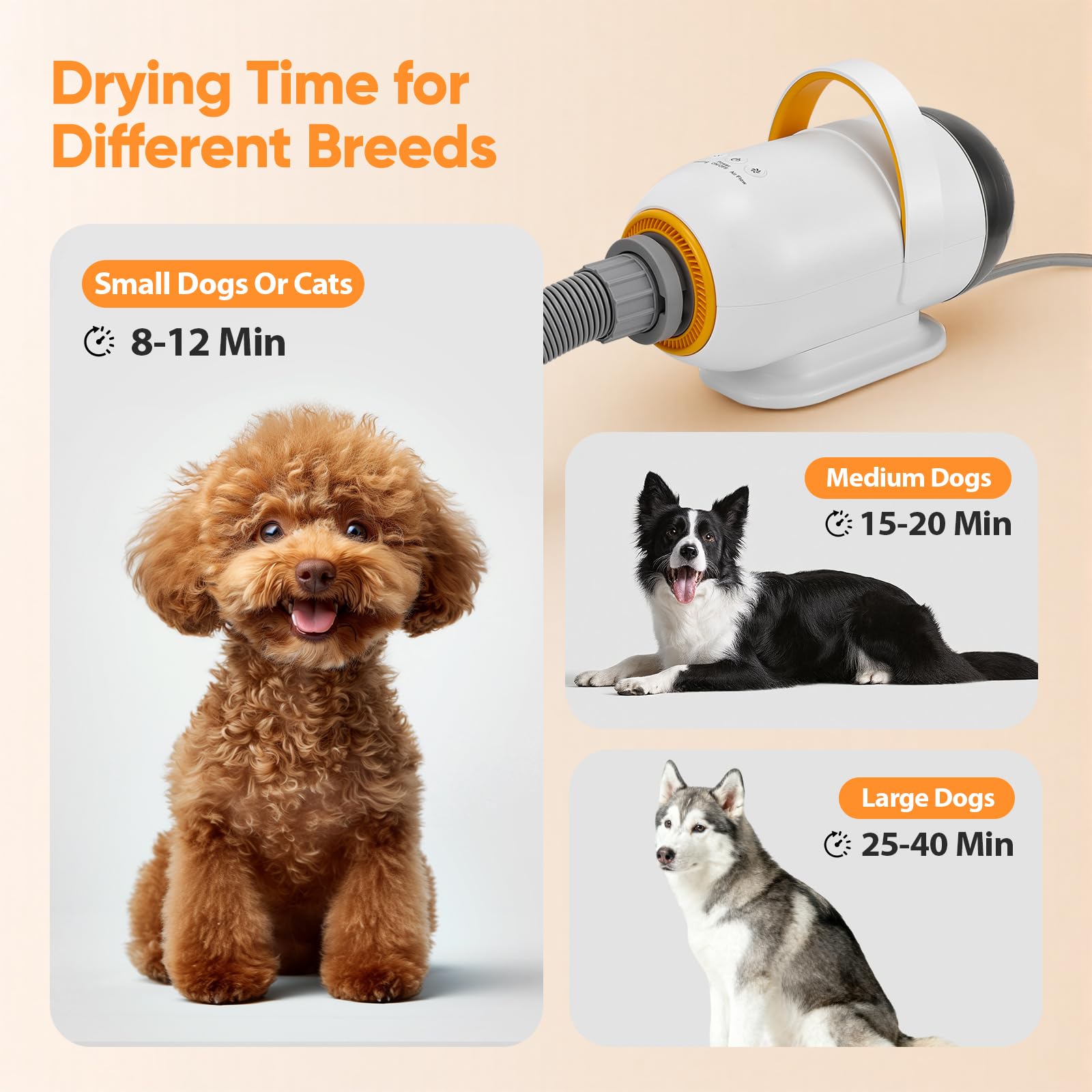 Asciugacapelli per cani 3200 W con 7 velocità regolabili, 4 punte, ciclo aria calda/fredda, asciugacapelli potente per animali, kit toelettatura cani e gatti