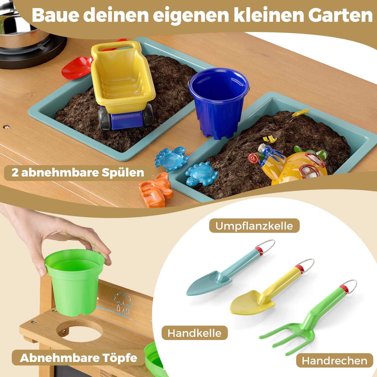 COSTWAY Matschküche Kinder Outdoor, Kinderküche mit Tafel, Wasserhahn, Spülen, Blumentöpfen & Gartenzubehör, Garten Spielküche Holz, Outdoorküche für Kinder ab 3 Jahren