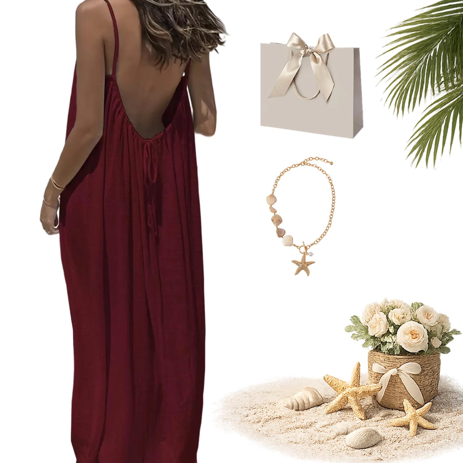Liocwocne Women's Wine-Red Solid Color Backless Cami Dress, Casual Sleeveless Beach Vacation Sundress, Casual Long Flowy Sundress (,S)