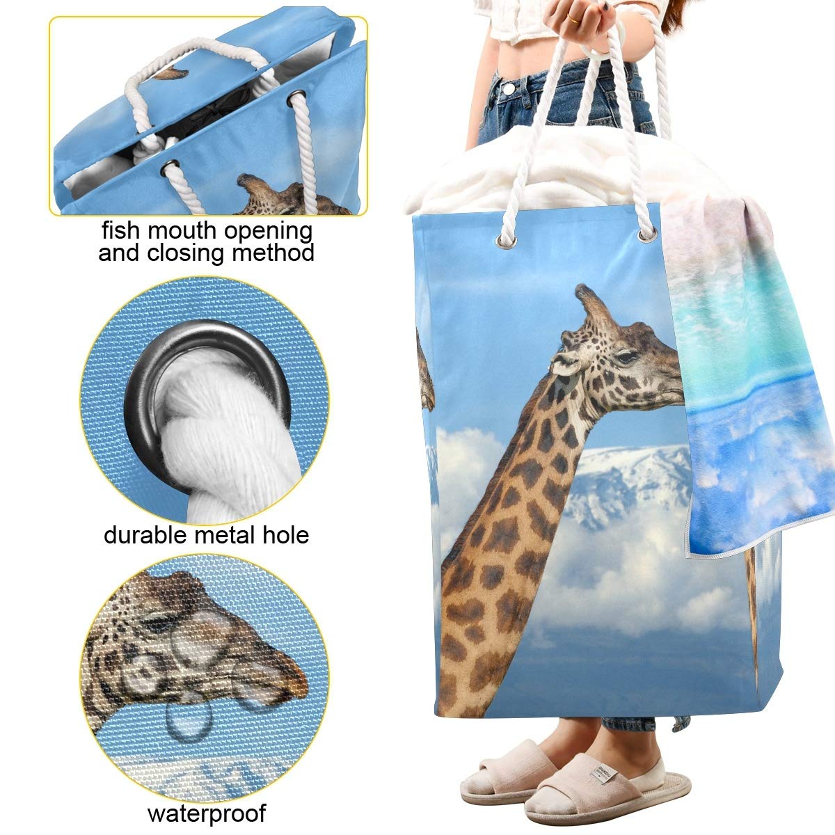 Giraffe Mountain Sky Cloud großer Wäschesack, freistehend, faltbar, mit Tragegriffen