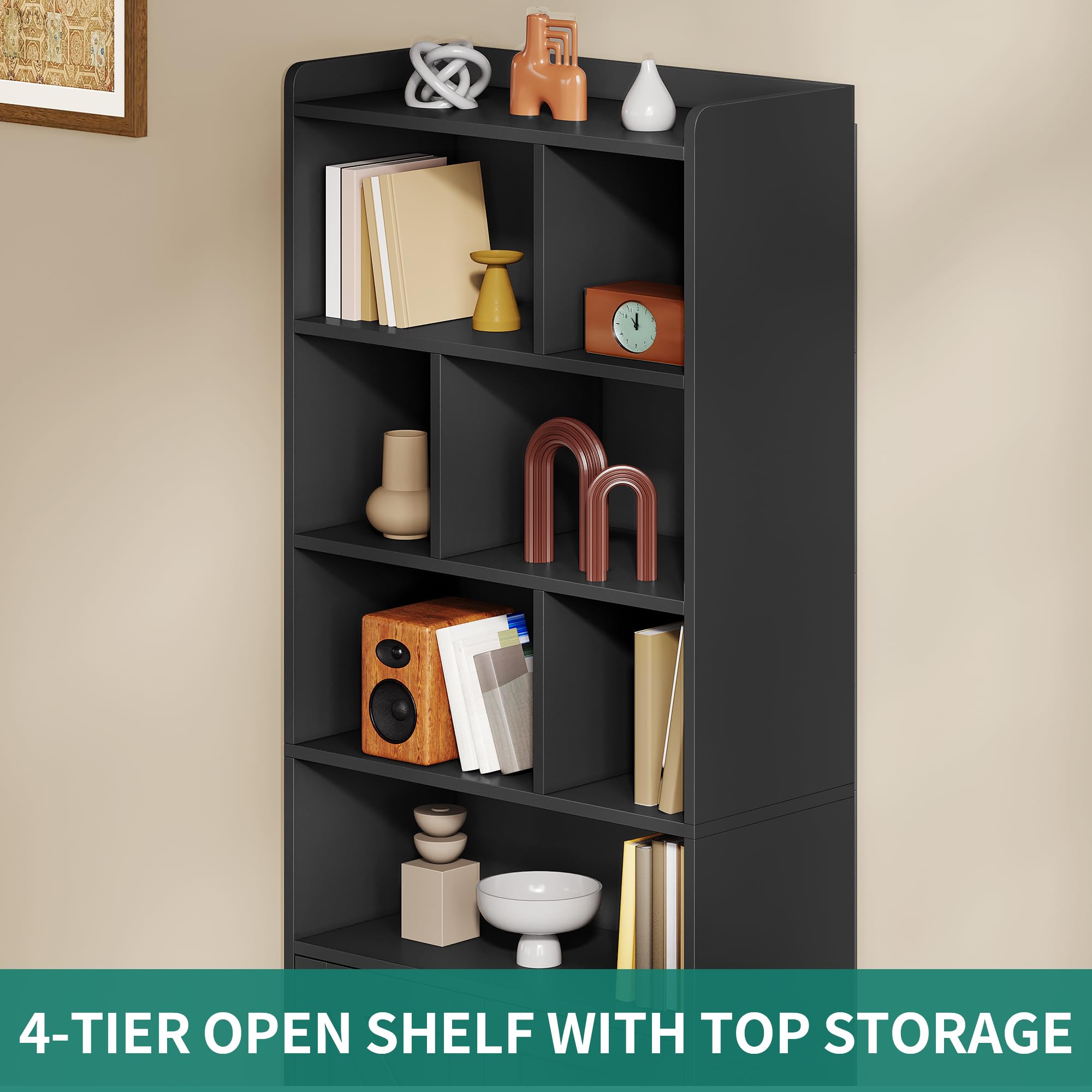 YITAHOME Bibliothèque à 4 Niveaux avec Portes et Placard, étagère de Rangement sur Pied, Compartiment Ouvert, idéale pour la Maison, Le Bureau, Le Salon ou la Chambre, Noire, 60 x 30 x 159 cm