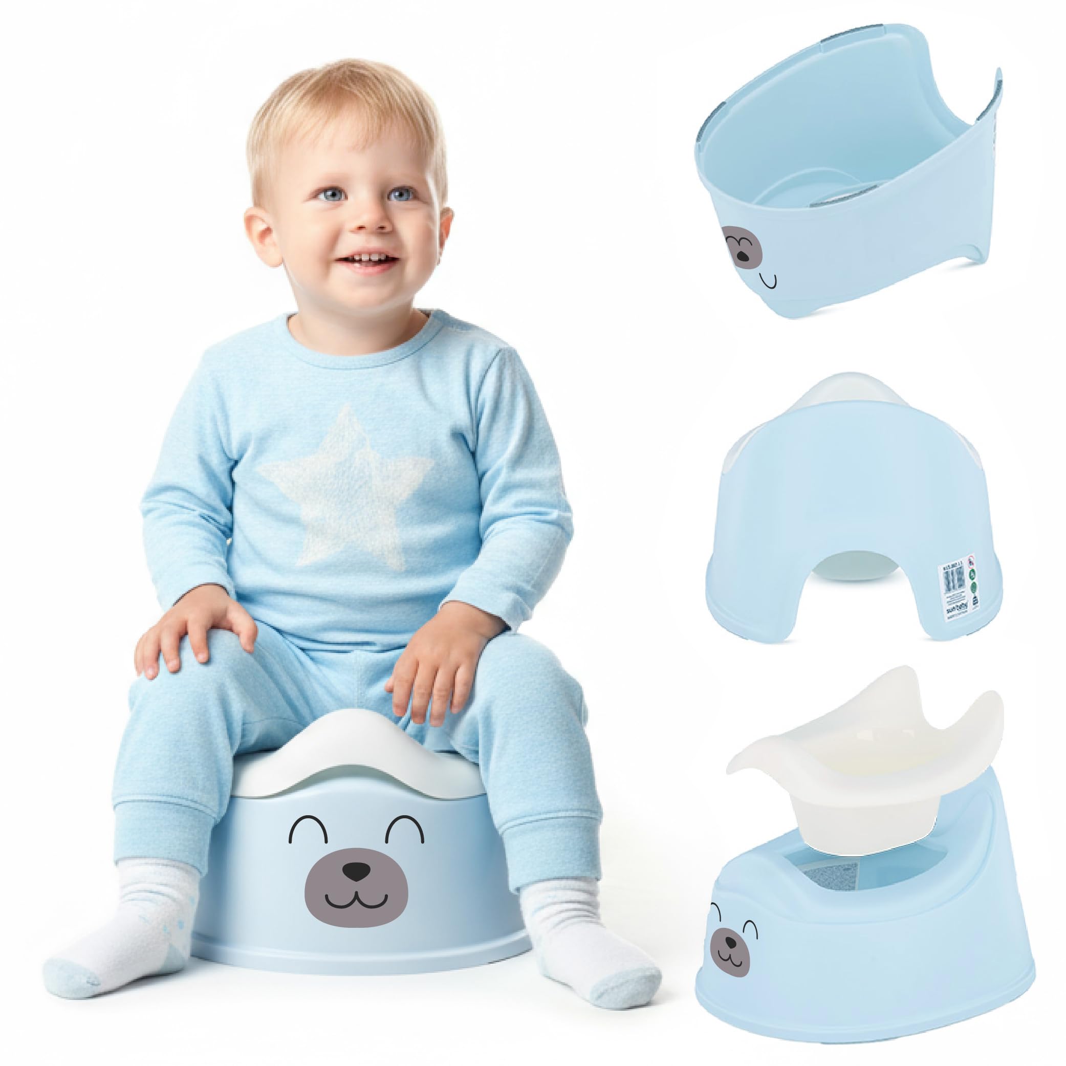 sun baby Kinder Töpfchen 18-36 Monate, rutschfeste Füße, ergonomische Rückenlehne, herausnehmbarer Einsatz, aus Kunststoff, bis zu 15 kg (Blau-Weiß + Aufkleber Bär)