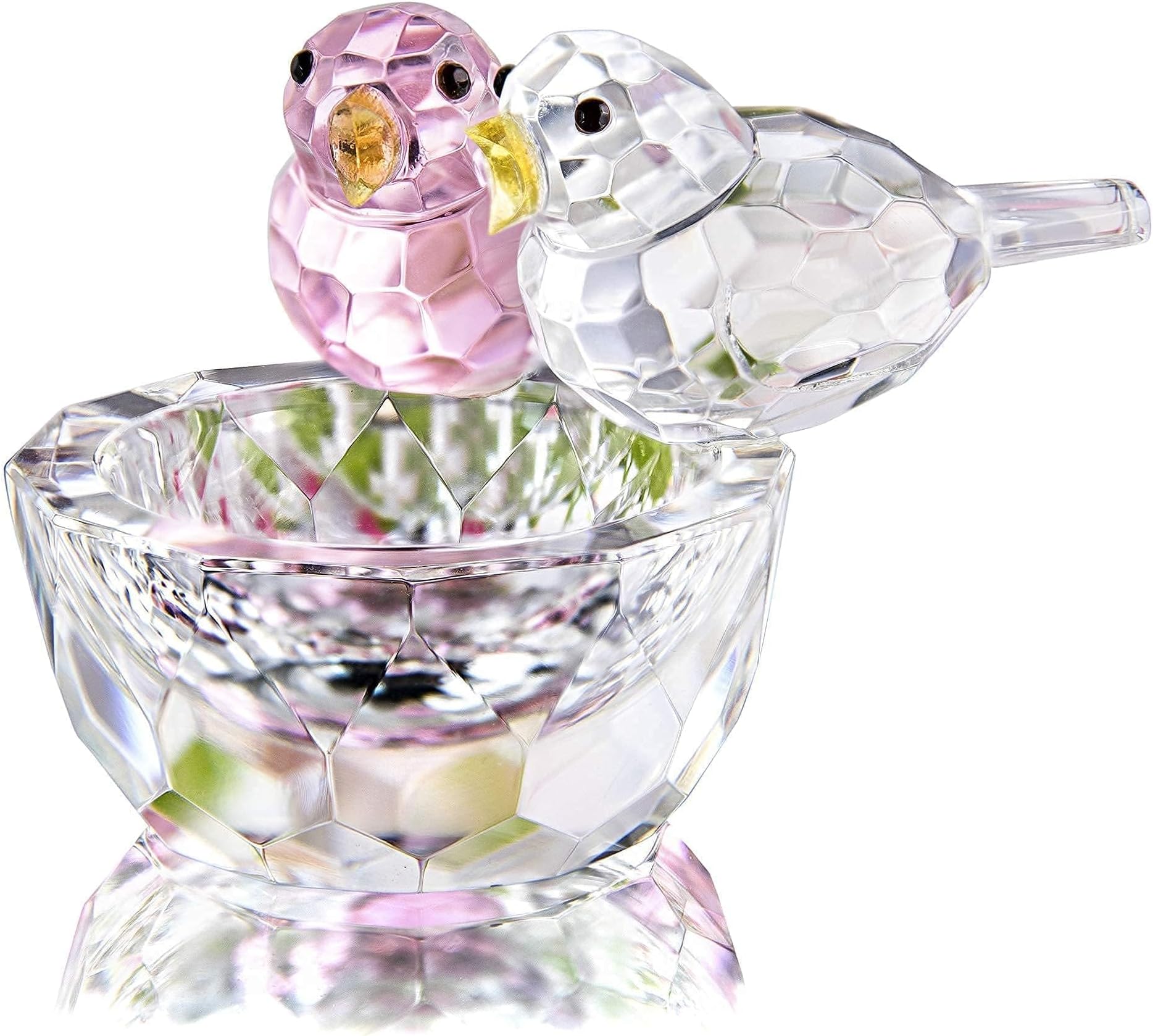 HDCRYSTALGIFTS Crystal Double Birds Figurines Glass Animal Ornament Bird Collection Paperweight Table Centerpiece Ornament(Pink and Clear)