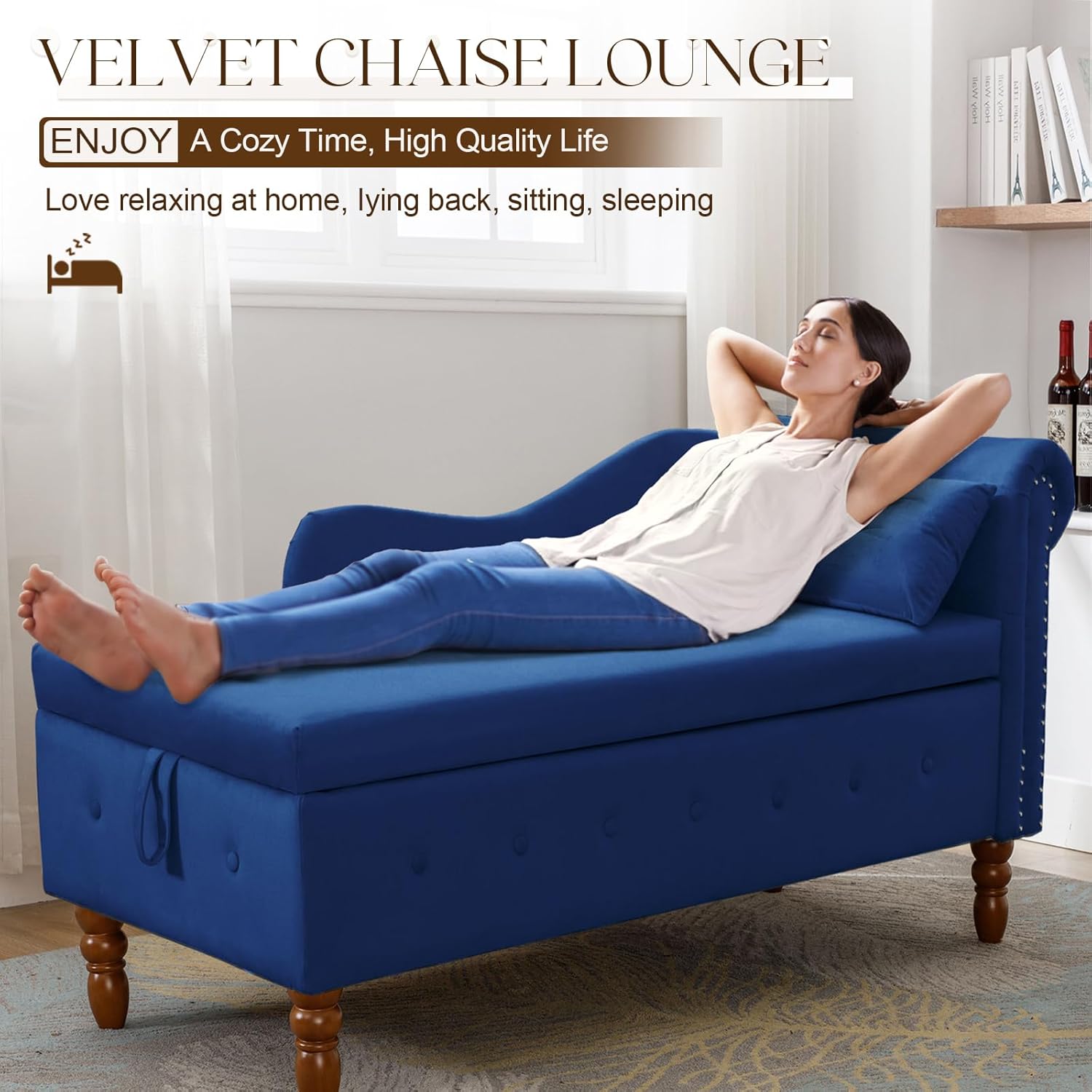 58 inch Velvet Chaise Lounge with Storage, Upholstered Lounge Chair with Lumbar Pillow and Rolled Armrest, Button Tufted Indoor Chair with Nailhead Trim, for Living Room Bedroom Office (Blue)