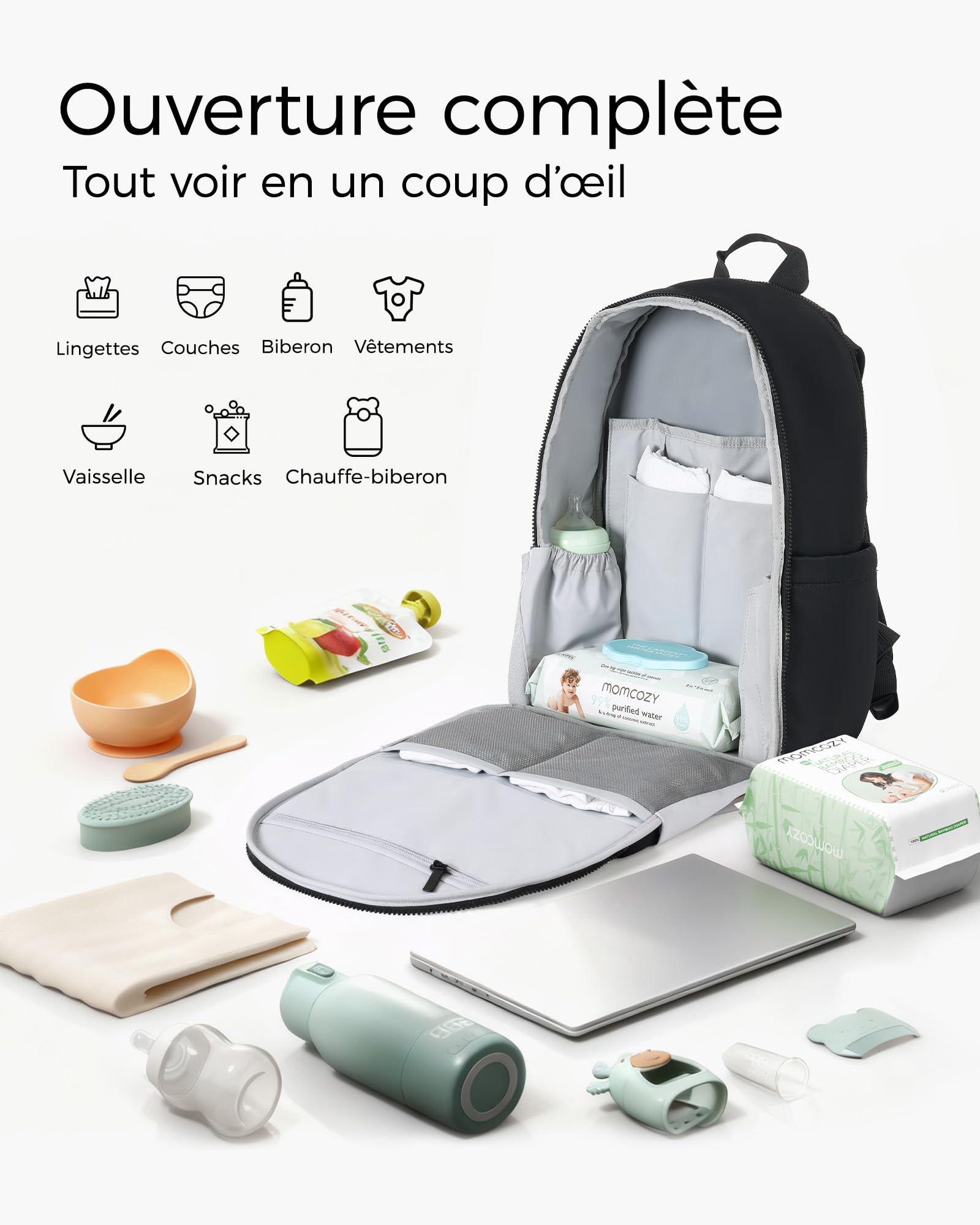 momcozy Sac à Langer Bébé à Dos – Nylon Premium, Léger et Élégant, Grandes Poches de Rangement, Ergonomique pour des Sorties Faciles – Tapis à Langer, Sangles Poussette, Étui Tétine, Essentiel Voyage