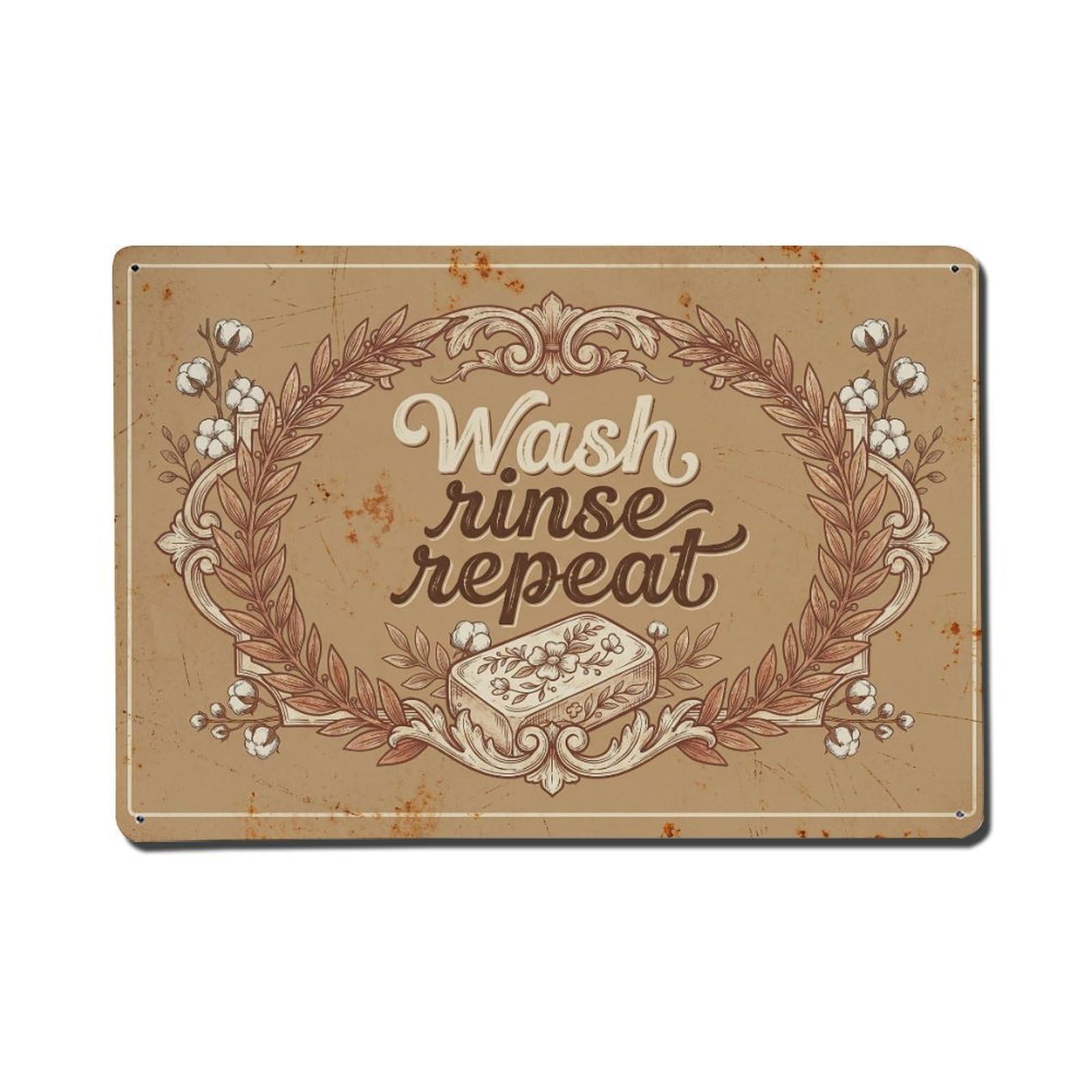 Olhnbad Style Wash Rinse Repeat Hand Washing Quote Farmhouse Metal Tin Sign