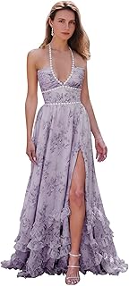 Floral Prom Dresses for Women Pearl Corset Chiffon Ruffles Formal Evening Gowns with Slit