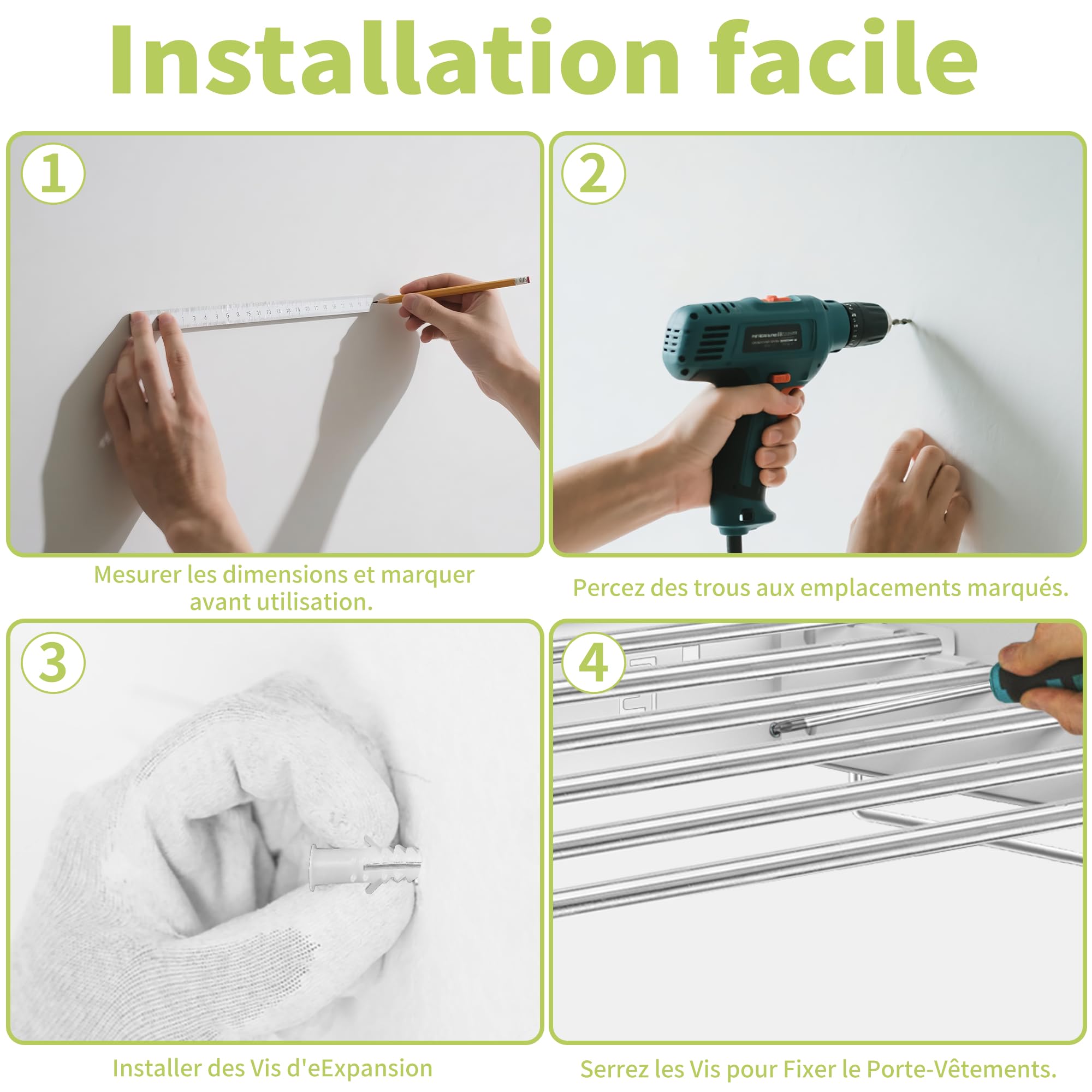Stendibiancheria da parete con 5 barre, stendibiancheria pieghevole per interni ed esterni, 4 metri di lunghezza di essiccazione, risparmio di spazio, bianco (80 cm)