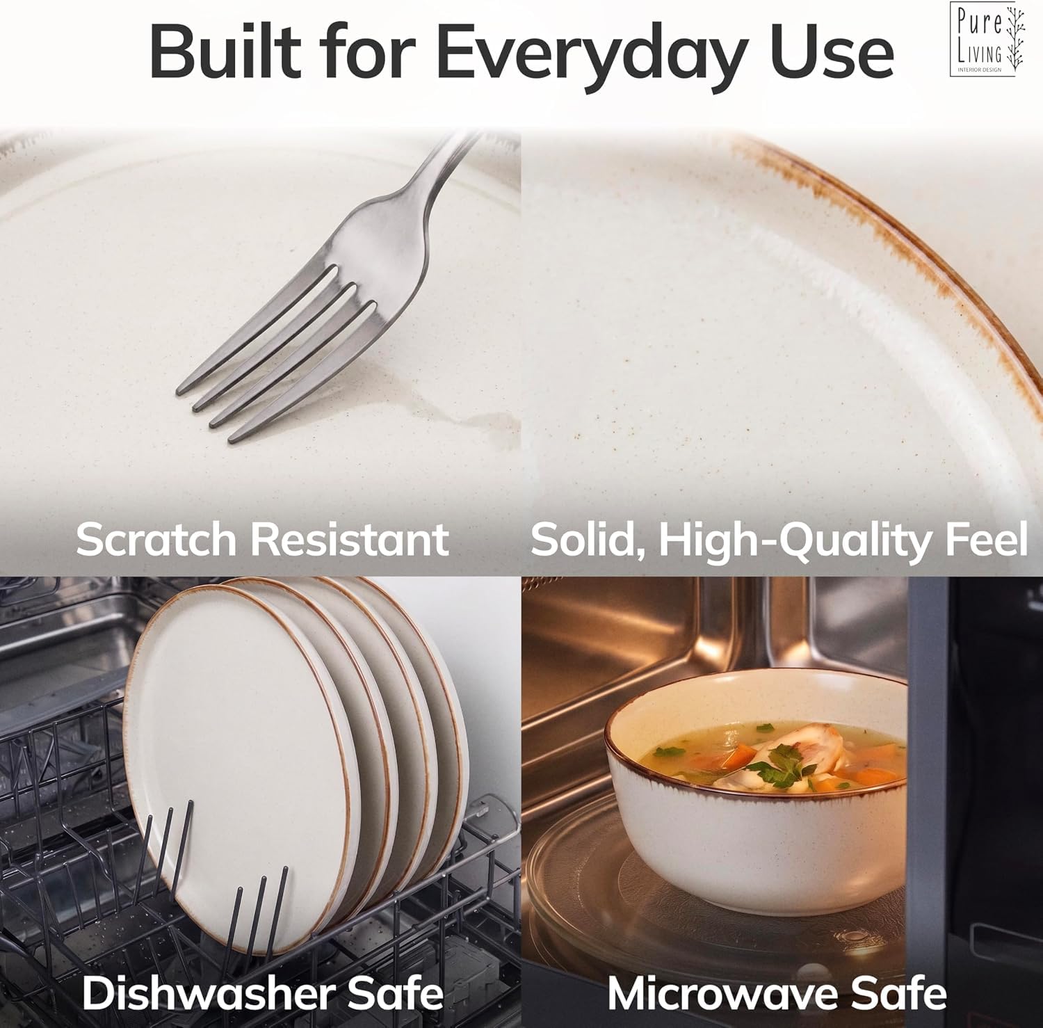 Pure Living Zestaw naczyń kamionkowych dla 12 osób, rustykalny, 48 elementów, zastawa stołowa w stylu rustykalnym, nadaje się do zmywarki, zestaw misek i talerzy, zastawa stołowa w kolorze beżowym