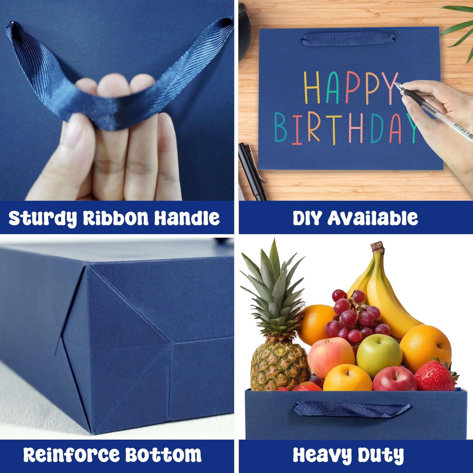 Padiaet 6 Pack Medium 10.5"x4"x8.1" Blue Gift Bags with Tissue Papers, Kraft Shopping Bags with Ribbon Handles, Retail Wrapping Set for All Occasions