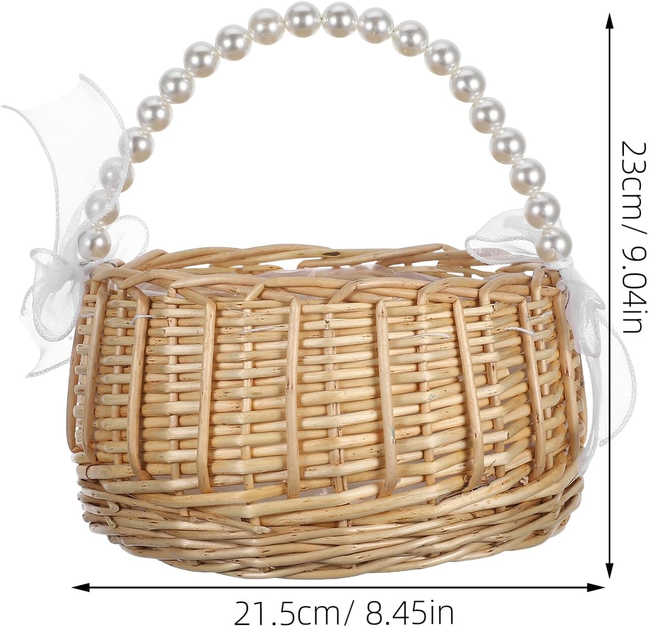 Wicker Basket with Handle and Ribbon Large Handmade Flower Girl Basket with Pearl Accent Woven Willow for Wedding Ceremony and Home Decor
