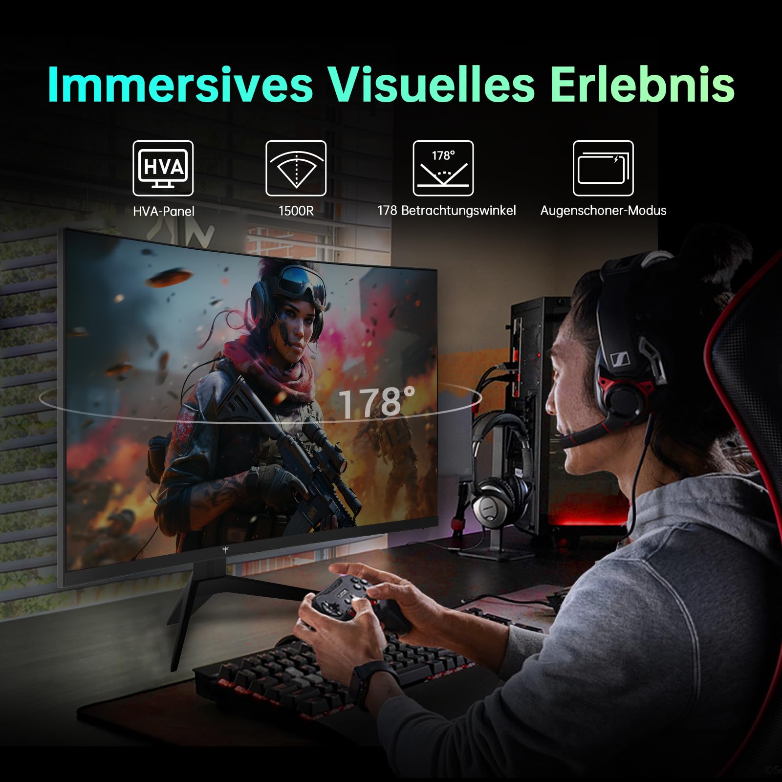 KTC Monitor Gaming 32 Pollici Curvo, 180Hz, 2K QHD 2560 x 1440p Schermo PC, 1ms, 1500R VA, HDR10, 125% sRGB, FreeSync & G-Sync, Inclinazione Regolabile, DP1.4 165Hz, HDMI2.0 144Hz, H32S17