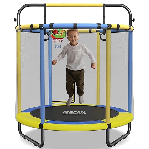 BCAN 60''/48" Mini Trampoline for Ages 1 to 8 Kid, 5FT Toddler Trampoline - Indoor/Outdoor Use with Enclosure Net, Foam Handle, Adjustable Gymnastics Bars, Basketball Hoop, Gifts for Boys & Girls