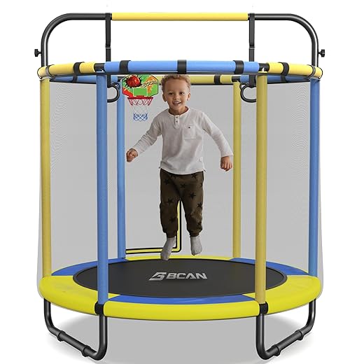 BCAN 60'' Mini Trampoline for Kids, 5FT Toddler Trampoline - Indoor/Outdoor Use with Enclosure Net, Thicker Foam Handle, Adjustable Gymnastics Bars, Basketball Hoop, Gifts for Boys & Girls