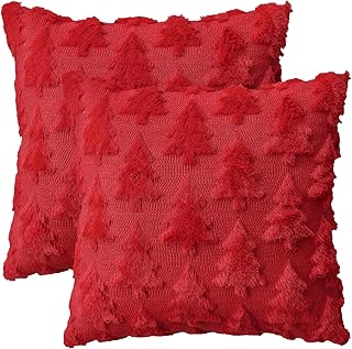 Artoid Mode Red Trees Christmas Cushion Covers Set of 2, 45x45 cm Winter Xmas Soft Plush Faux Fur Jacquard Decorative Pillow Case Cover Sofa Decor