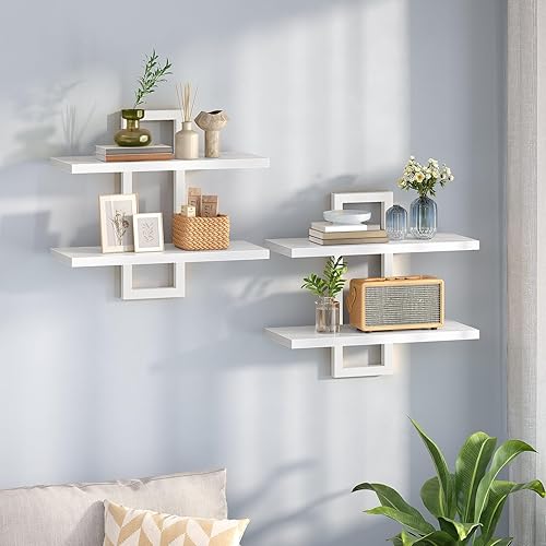 Miniatura 16 de HOOBRO Estantes flotantes, juego de 2 estantes de pared de 15 pulgadas, estantes de almacenamiento montados en la pared de 2 niveles, estantes