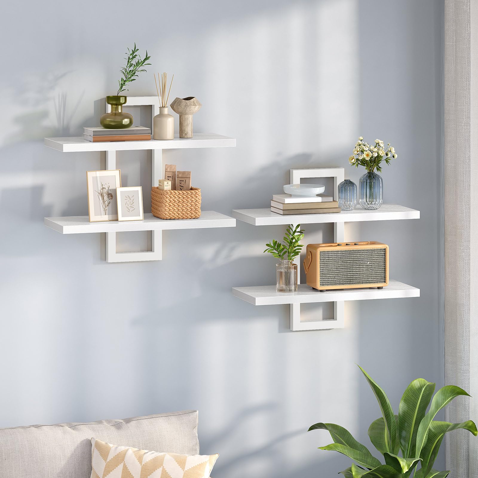 HOOBRO Estanterías de Pared, Juego de 2 Estanterías Colgantes de 38 cm, Montaje en Pared, 2 Niveles, para Sala de Estar, Dormitorio, Baño, Cocina, Blanco EWW32BJ01