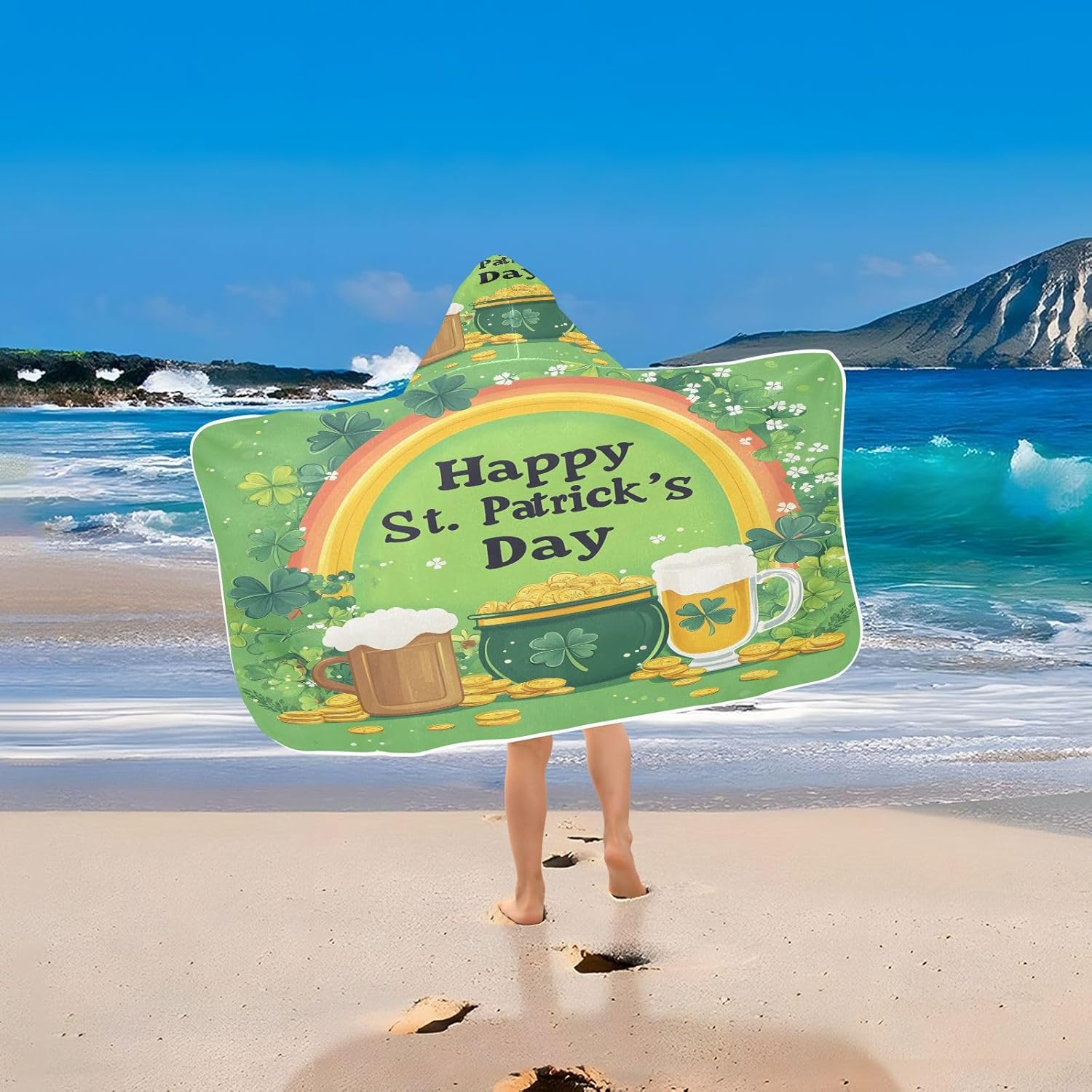 St. Patricks Day Shamrocks Kids Bath Towels Hooded Poncho, 50x23.5in Quick Dry Beach Towels for Boys Girls Toddlers, Soft Absorbent Baby Bath & Hooded Towels Cape for Swimming Bathroom
