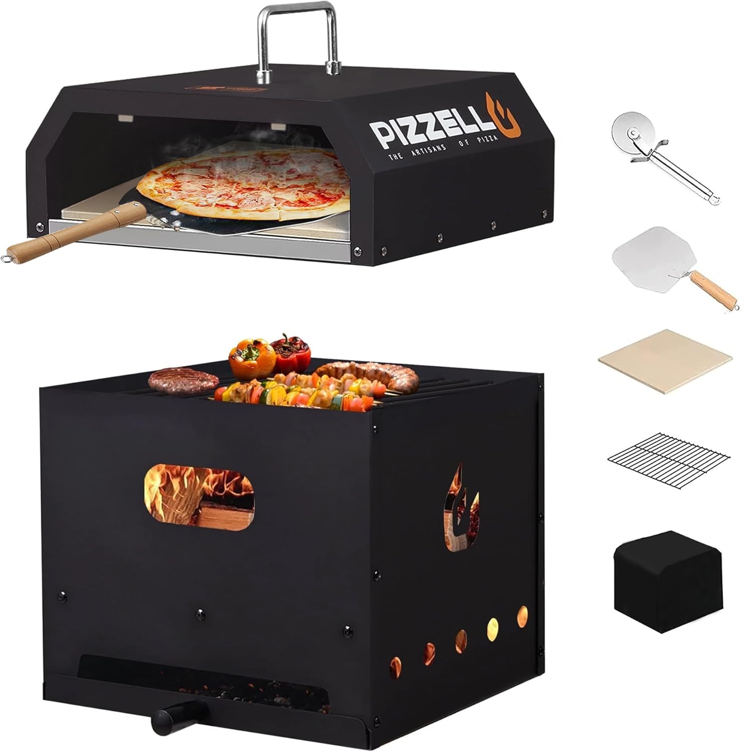 PIZZELLO 12 Inch Outdoor Pizza Oven 4 in 1 Multifunction Wood Fired Ovens w/Pizza Stone, Pizza Peel, Pizza Cutter, Oven Cover, Grill Grate, 2-Layer Pizza Oven for Outside, Pizzello Gusto