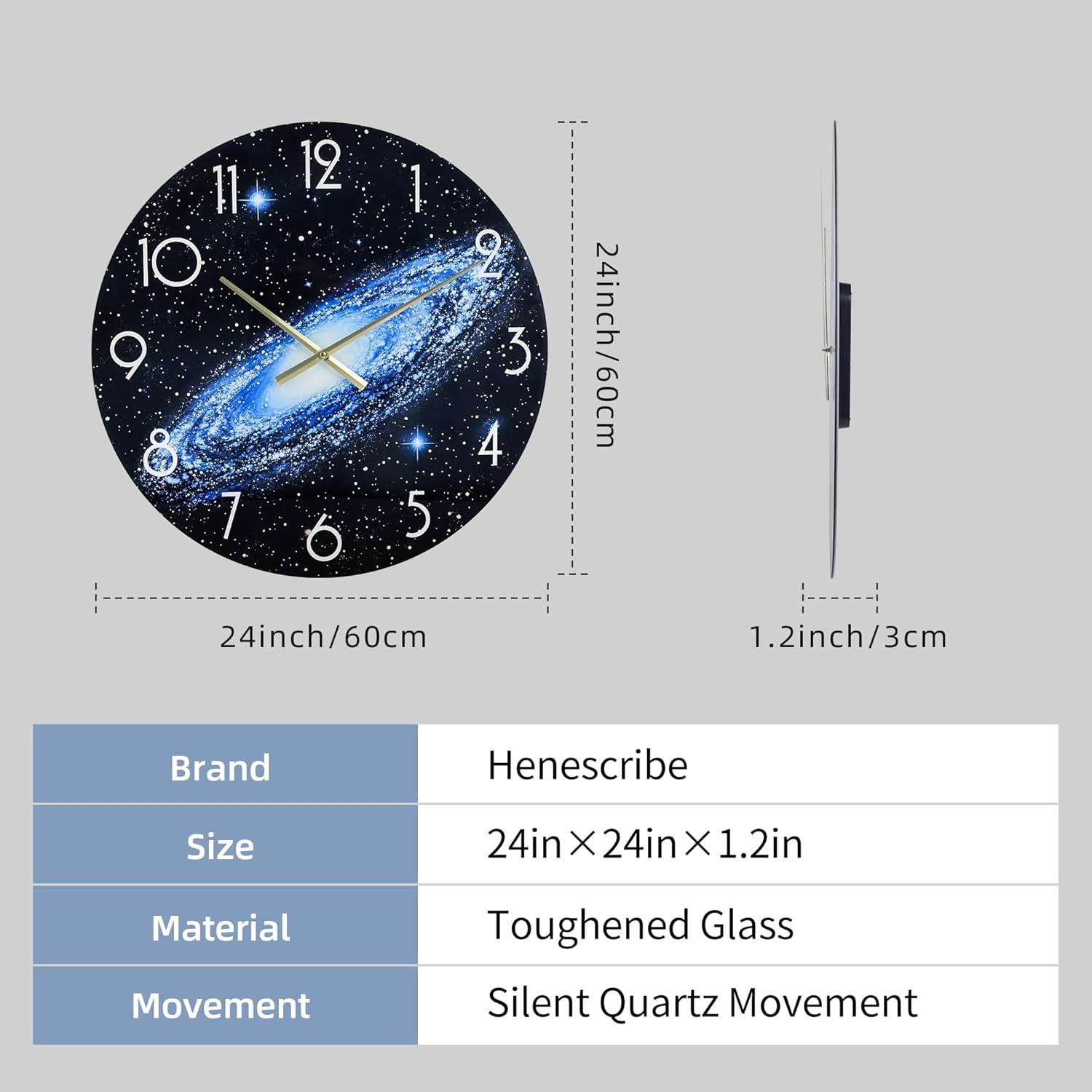 24in Glass Wall Clocks for Living Room Decor, Decorative Wall Clocks Battery Operated, Silent Kitchen Clocks, wall Clock for Bedroom, Bathroom