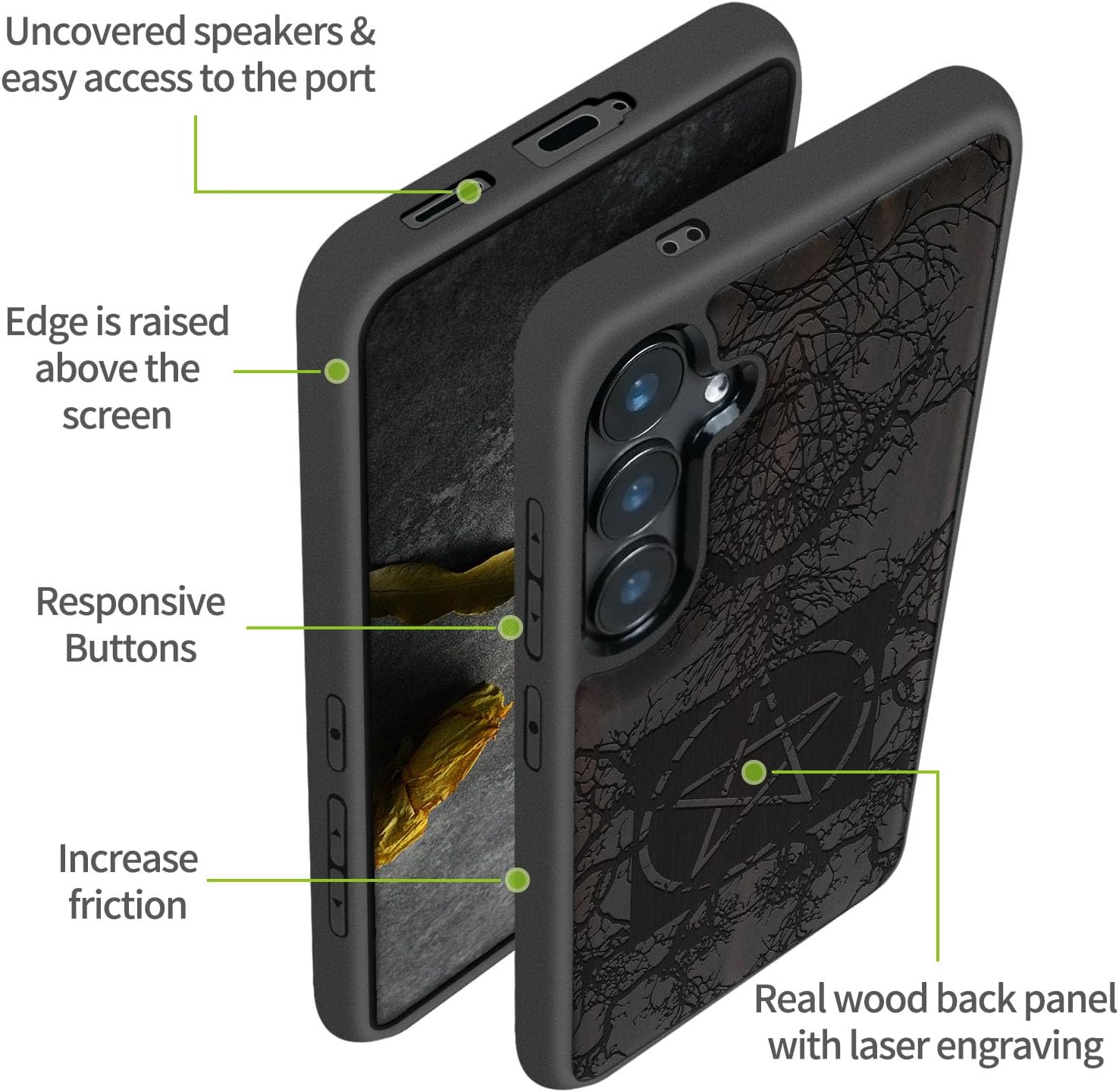 Carveit Wood Case for Galaxy S24 Plus Case [Natural Wood & Black Soft TPU] Shockproof Protective Cover Unique Wooden Design Compatible with S24 Plus (Ancient Roots, Esoteric Paths-Blackwood)