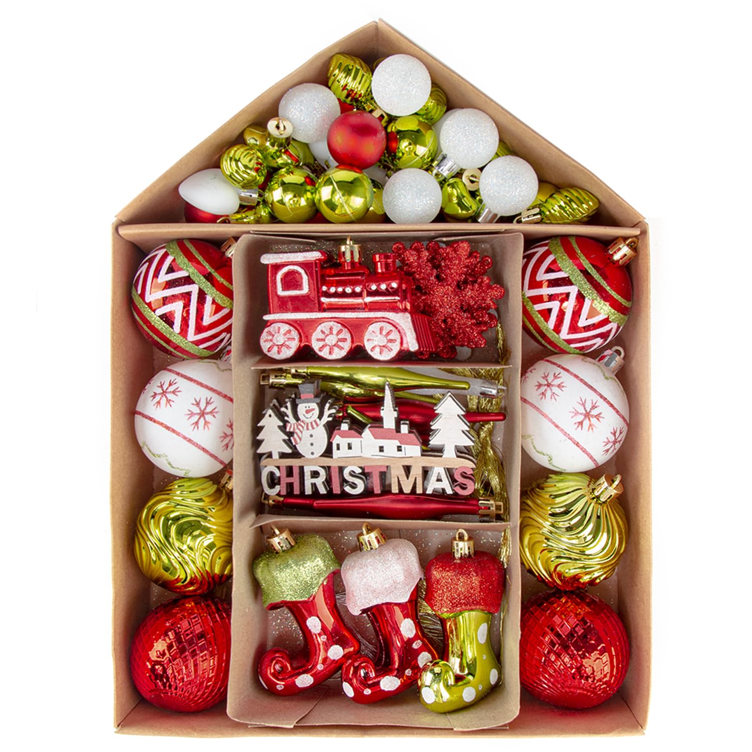 Christmas Ball Ornaments Set for Xmas Tree, 75 ct Grinchs Elf Boots Theme Xmas Assorted Ornaments, Shatterproof Decorative Xmas Ornament for Party Wedding Christmas Tree Decoration