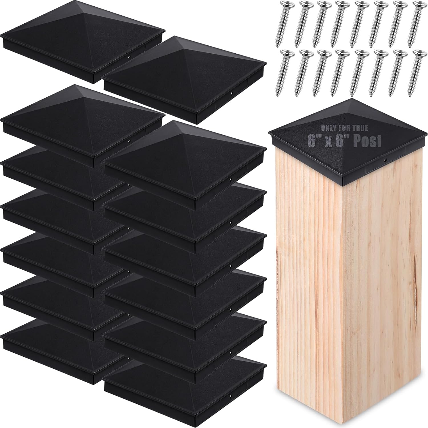 Therwen 16 Pcs (Black,Only for True 6" x 6") Fence Post Caps Aluminum Metal Pyramid Deck Post Top Cover for Wood Fence Deck Mailbox Patio Lamp Dock