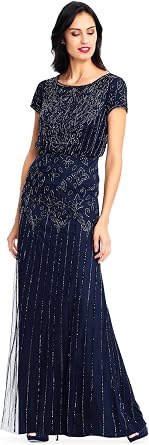 Adrianna Papell Boat Neck Short Sleeve Blouson Beaded Gown