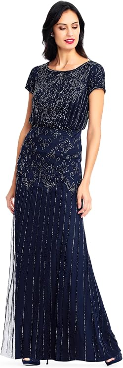 Adrianna Papell Boat Neck Short Sleeve Blouson Beaded Gown