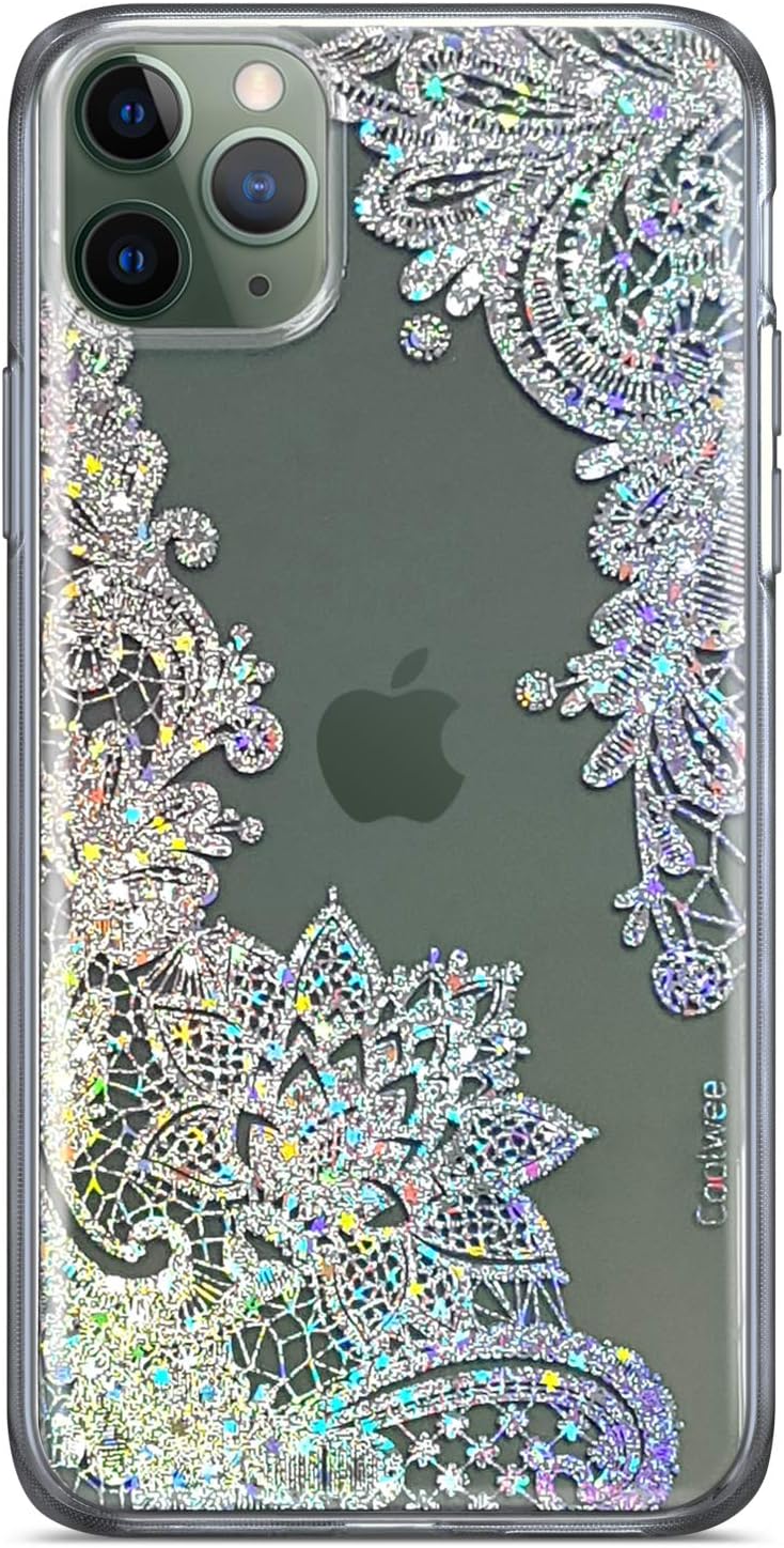 Coolwee Clear Glitter for iPhone 11 Pro Max Case Thin Flower Slim Cute Crystal Lace Bling Women Girl Floral Plastic Hard Back Soft TPU Bumper Protective Cover for Apple iPhone 11 Pro Max Mandala Henna