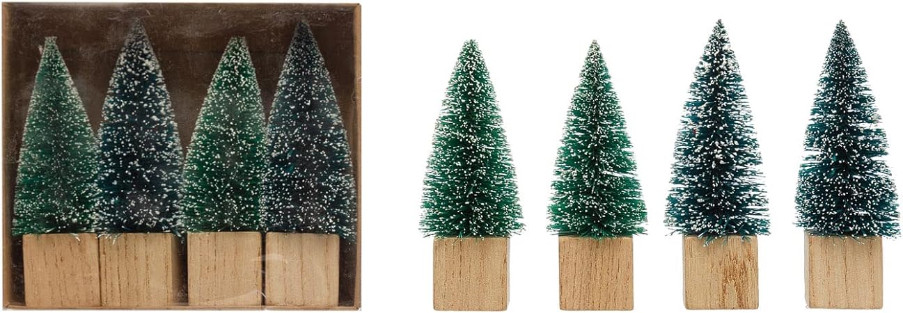 Review Sisal Bottle Brush Trees with Wood Bases, Green, Snow Finish, Boxed Set of 4