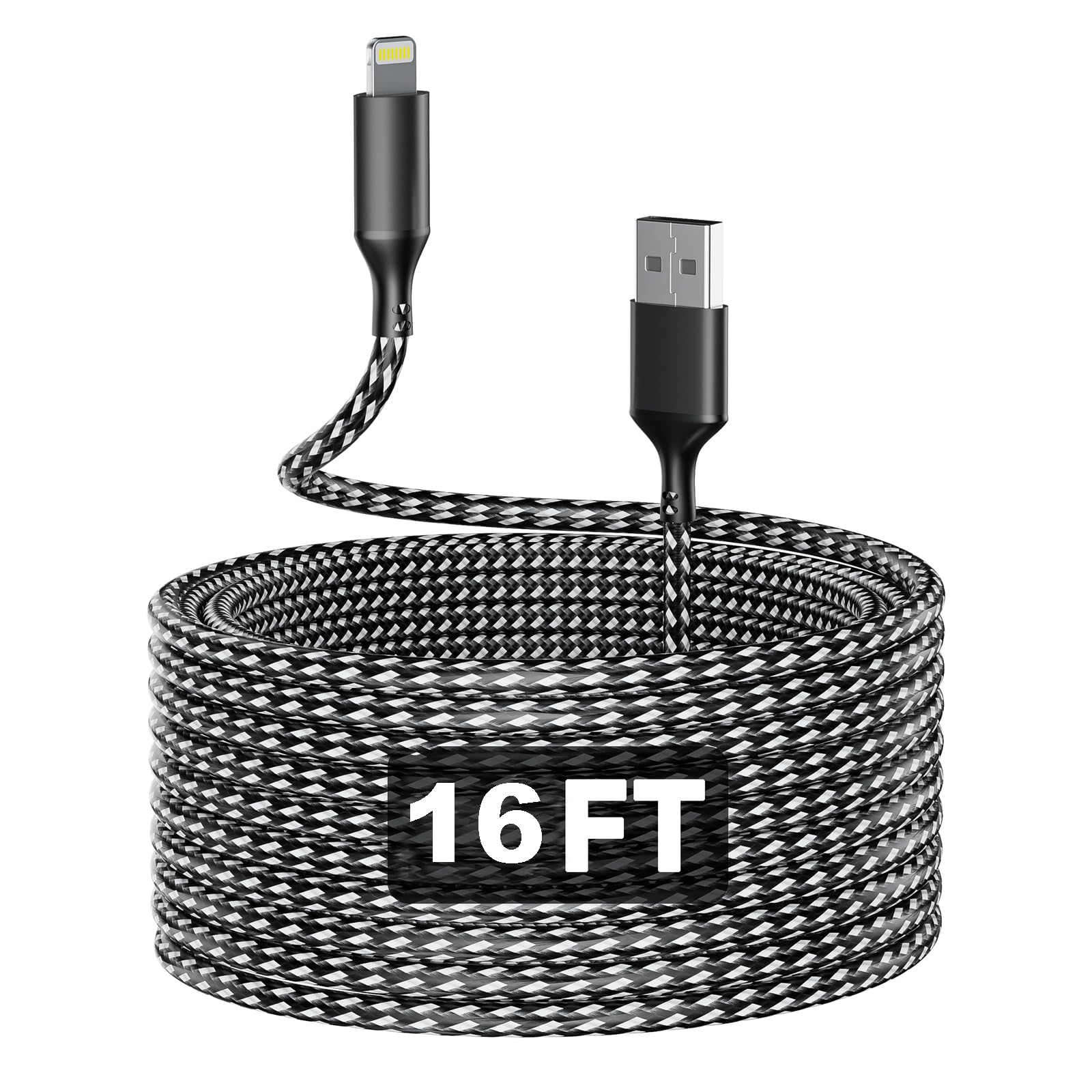 Cavo di ricarica per iPhone 14/13/12/11, iPad (certificato Apple MFi), extra lungo, intrecciato, da USB a Lightning, lunghezza 5,6 m, colore: nero