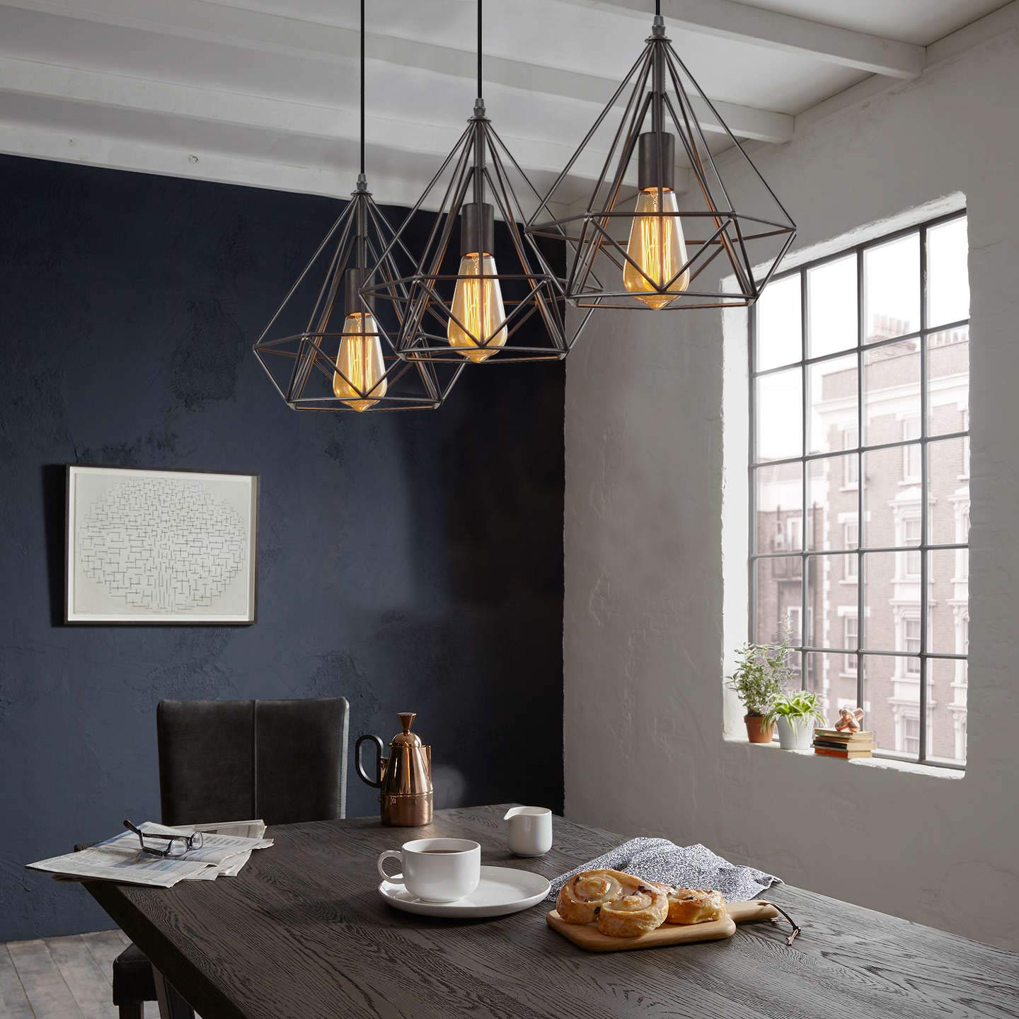 IDEGU 3 Pendelleuchte Schwarz – Retro Kronleuchter In Diamantform, 25 Cm, E27, 100 Cm Kabel