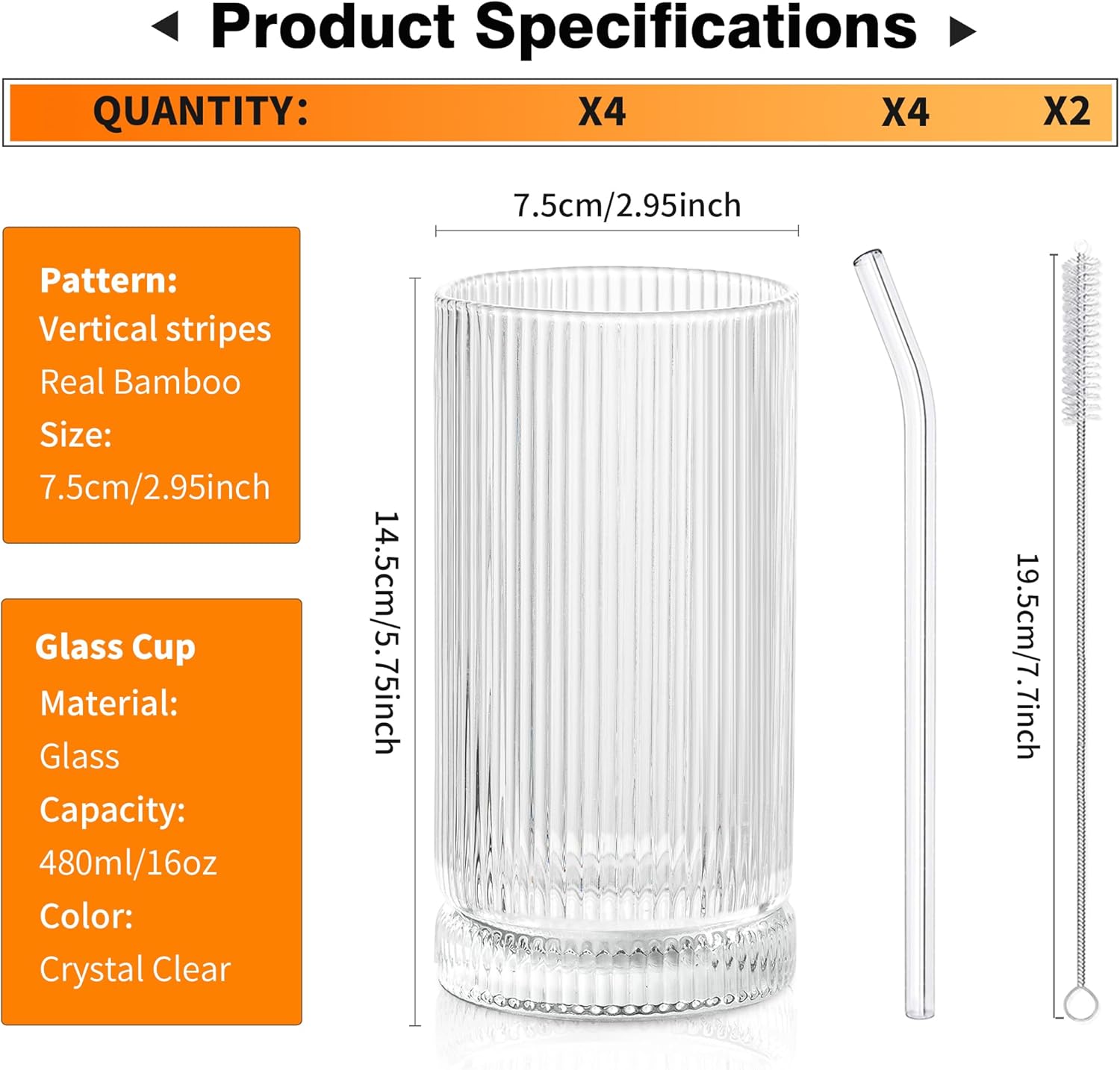 KEMORELA Vintage Ribbed Glassware Set, 16oz XL Drinking Glasses With Straws, Ribbed Glassware Set of 4, Glass Cups, Iced Coffee Cups Ideal for Whiskey, Cocktail, Iced Coffee, Juice, Beer, Soda - Image 2
