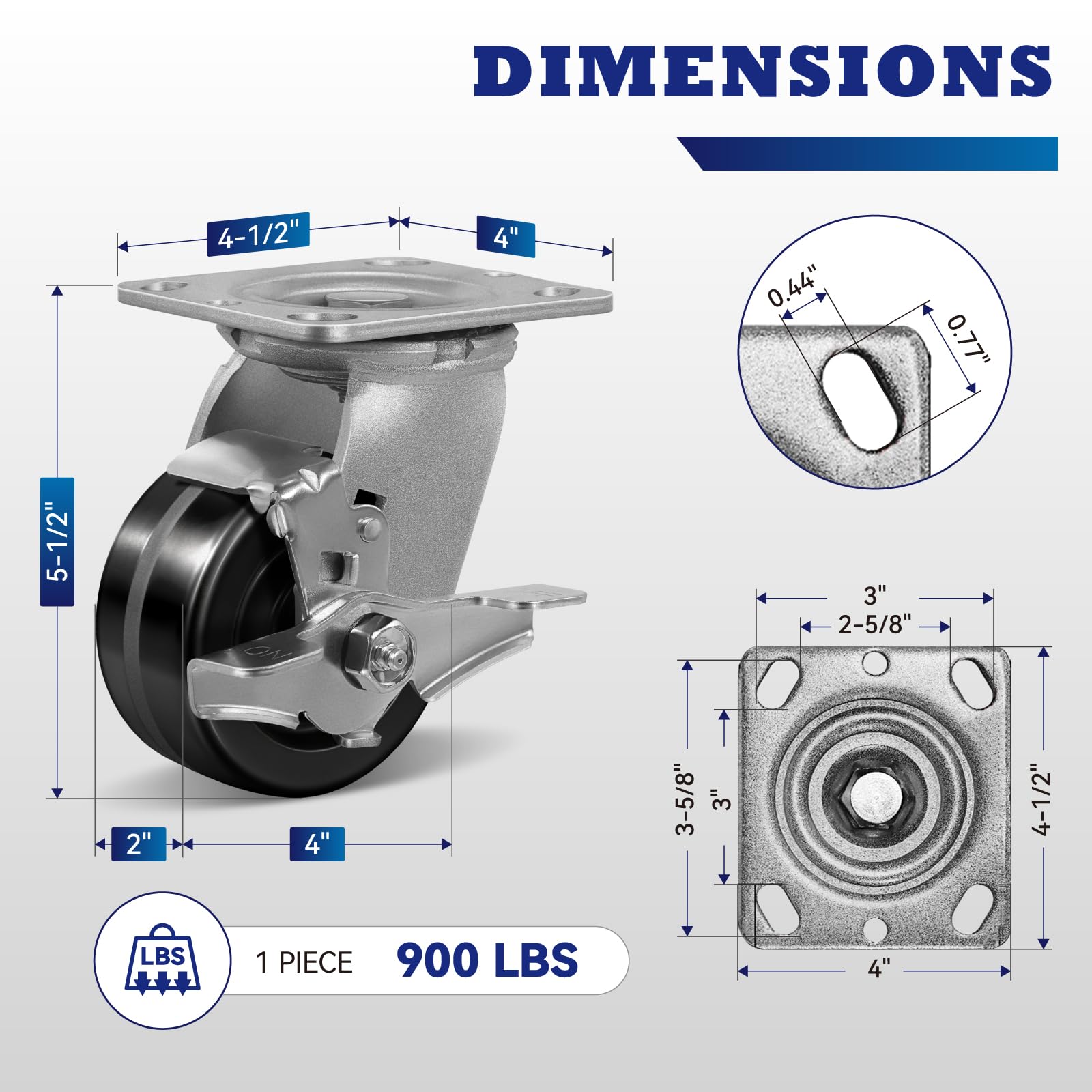 HANDSAMMU 4inch Caster Wheels, Heavy Duty Casters, Industrial Caster with Strong Capacity 900 LB, High Temperature Resistance: -50f to +250f. Use for Dollies, Workbench (4 inch, 1 Brake)