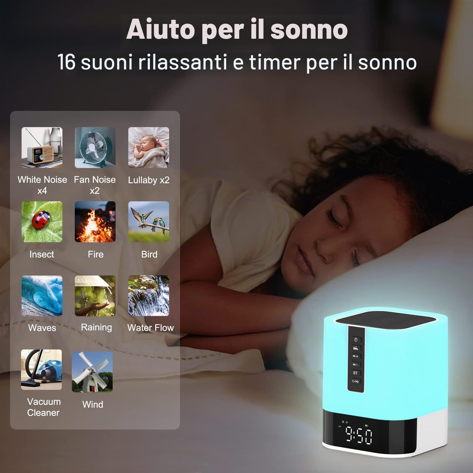 Altoparlante Bluetooth con luce notturna, sveglia digitale, lampada da comodino con sensore touch, macchina per il rumore bianco