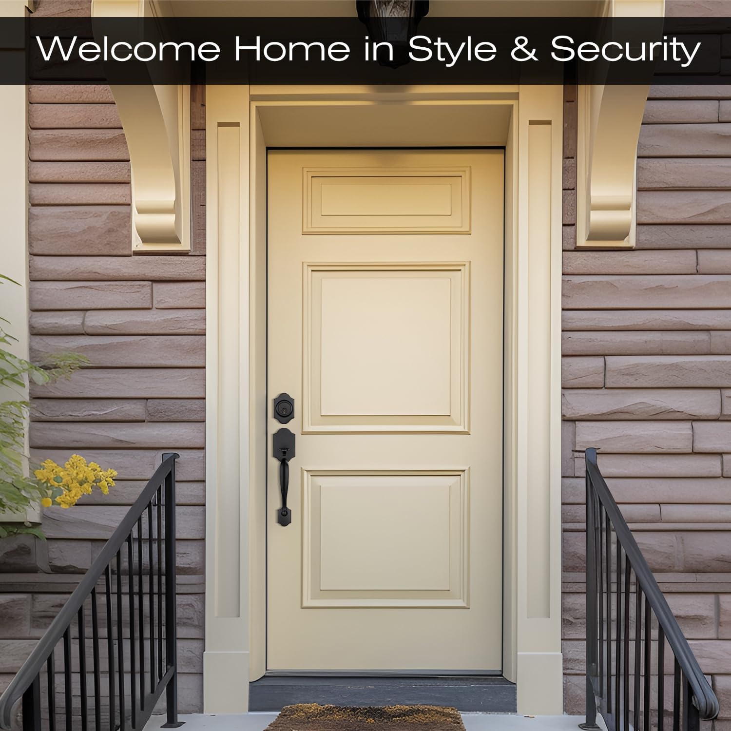 EHOMEWARE Front Door Handle and Deadbolt Set, Matte Black Exterior Door Lock Set, Front Door Lock with Single Deadbolt, Heavy Duty Crystal Entry Door Handle, Fits Both Left and Right Doors