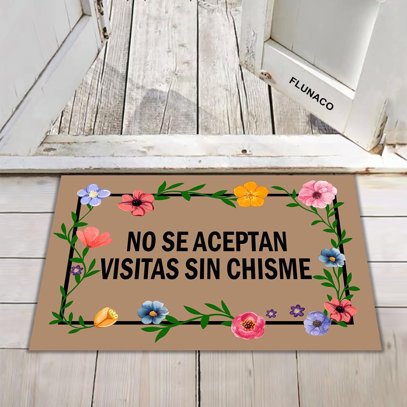 Funny Welcome Mat for Front Door, No Se Aceptan Visitas Sin Chisme Doormat Entryway Rugs Entrance Floor Door Mat Outdoor 23.6" x 15.7"