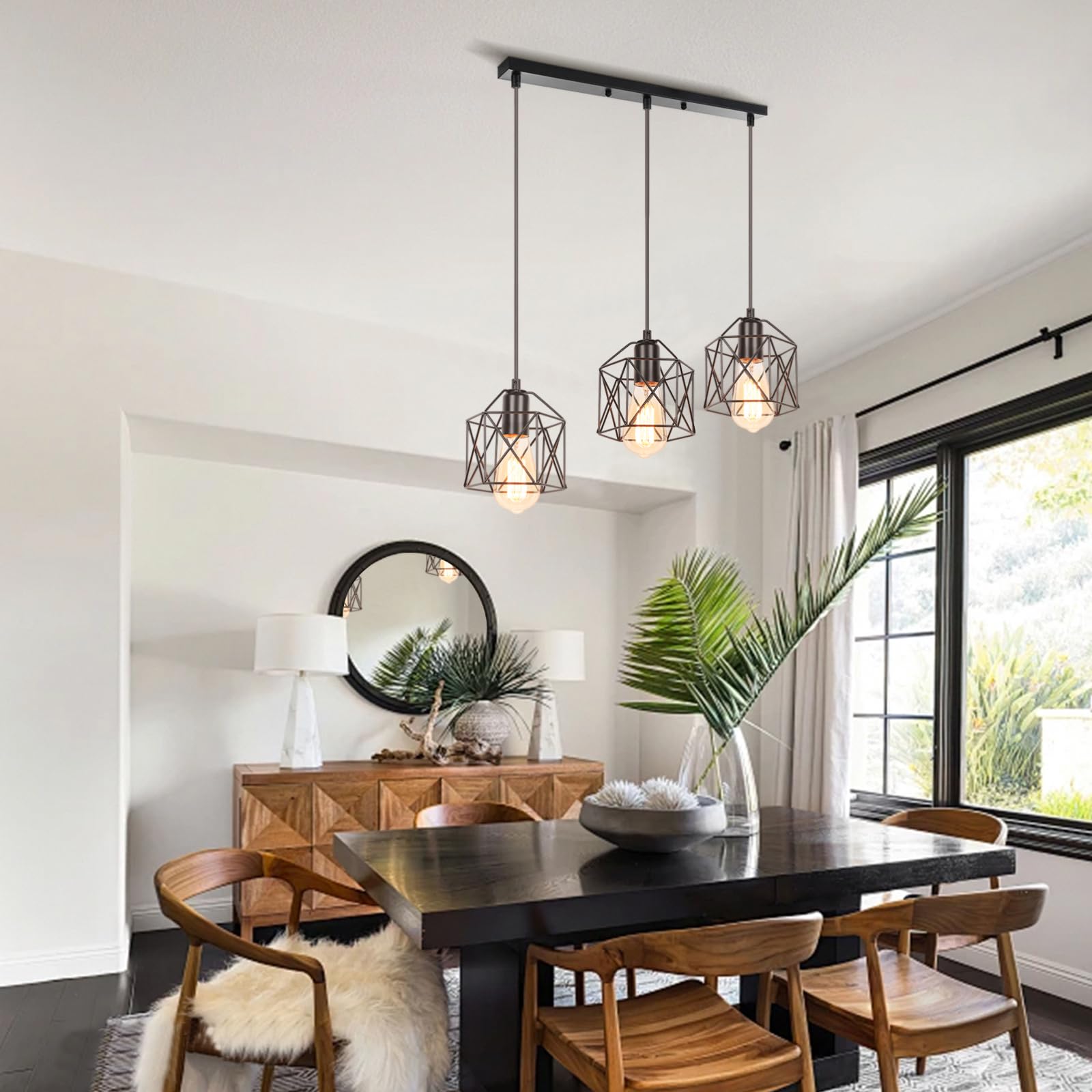 Lampadario Sospensione Vintage IDEGU - 3 Luci Gabbia Esagono Design Retrò, E27, Per Cucina/Sala Da Pranzo - Foto 4