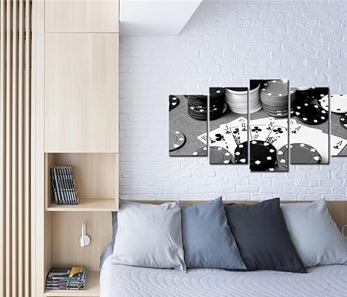 Miniatura 3 de LevvArts - 5 impresiones en lienzo de póquer en blanco y negro, arte de pared para decoración de pared de pub, bar, casino, estirado y enmarcado,