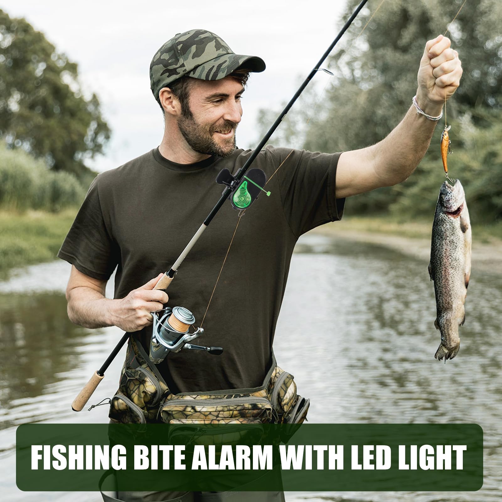 Byffoer Détecteur de touche de pêche à clipser avec lumière LED et son, sonnette de pêche, alarme électronique sensible, accessoire de pêche pour sports de plein air, adultes et hommes