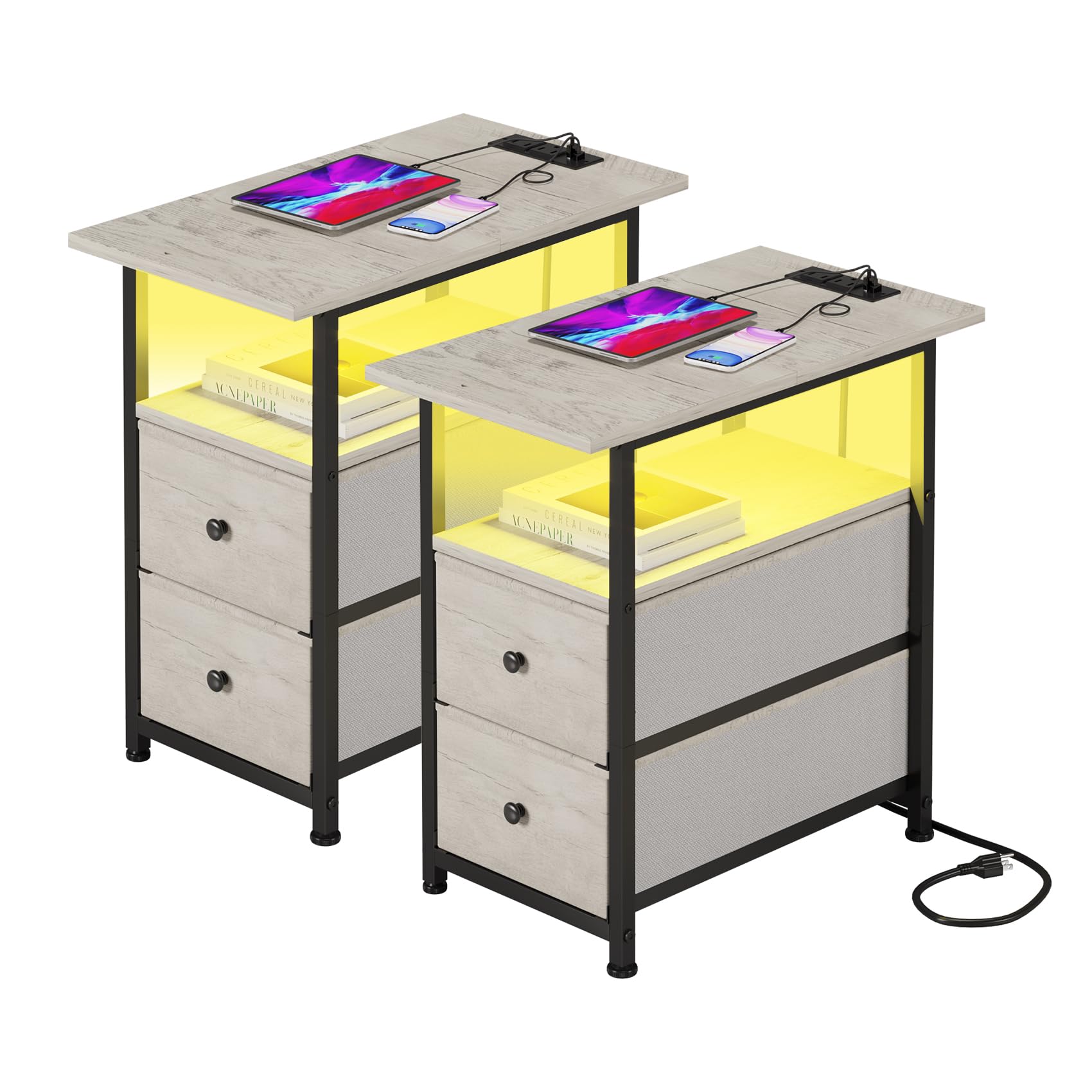 LUMTOK End Table with LED Light Set of 2,2 Fabric Drawers End Table with Charging Station, Narrow Nightstand with Storage Shelf for Small Space,Living Room, Bedroom, Bedside (Greige - Set of 2)