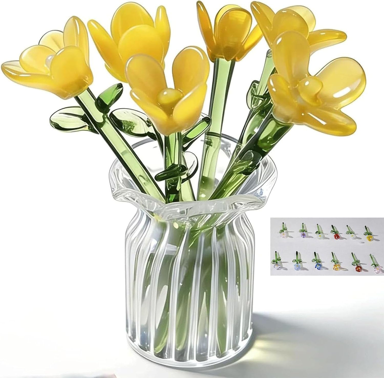 Jorcedi G Miniature Lass Birth Month Flowers, Set Of 7 Colors Lass Flowers With Stems, Handmade Table Centerpiece For Home Office Livin Room Decor, Unique Weddin Birthday Ift (G)