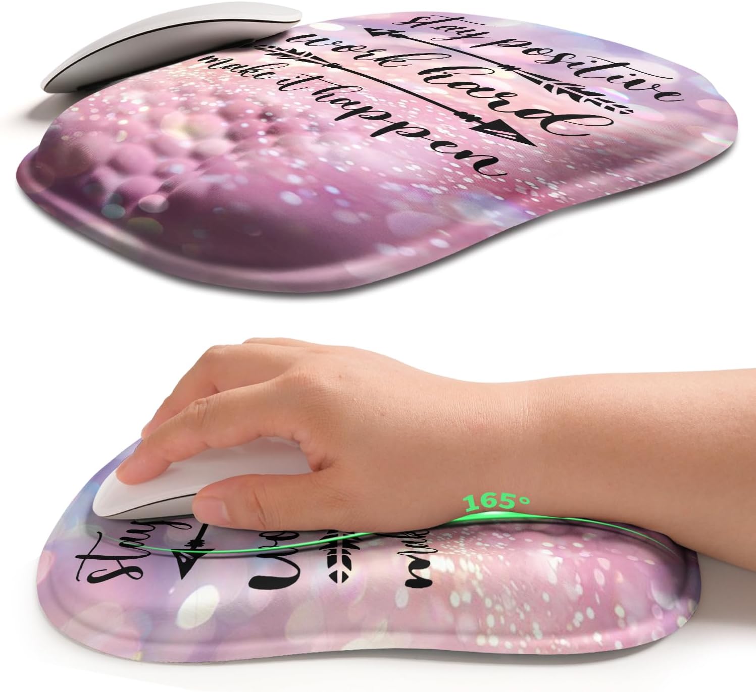 Hokafenle Ergonomic Wrist-hugging Mouse Pad Wrist Support, U-shaped Holding Wrist Rest Mousepad for Carpal Tunnel Pain Relief with Cushioned Memory Foam Slope Massage Bulge (10.2x8.3 in,Stay Positive)