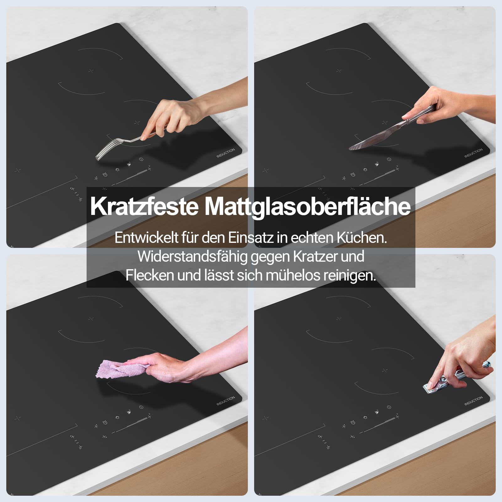 Induktionskochfeld, 60 cm, Glaskeramik, Schwarz, 4 Kochzonen, Touch Control, 7000W, Eingebaut, Timer, Warmhaltefunktion, Brückenzone, Kratzfestes Glas