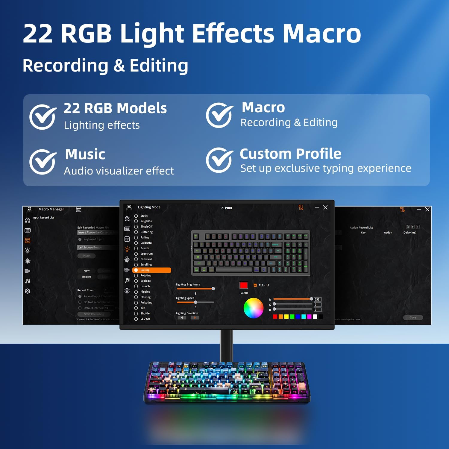 ZORNHER ZH980 Mechanical Keyboard,95% Blue Creamy Keyboard with Number Pad,Van Gogh's Starry Night Dye Sublimation PBT Keycaps,Creamy Sounding Linear Switches,Hot-Swappable,RGB Backlit - Image 7