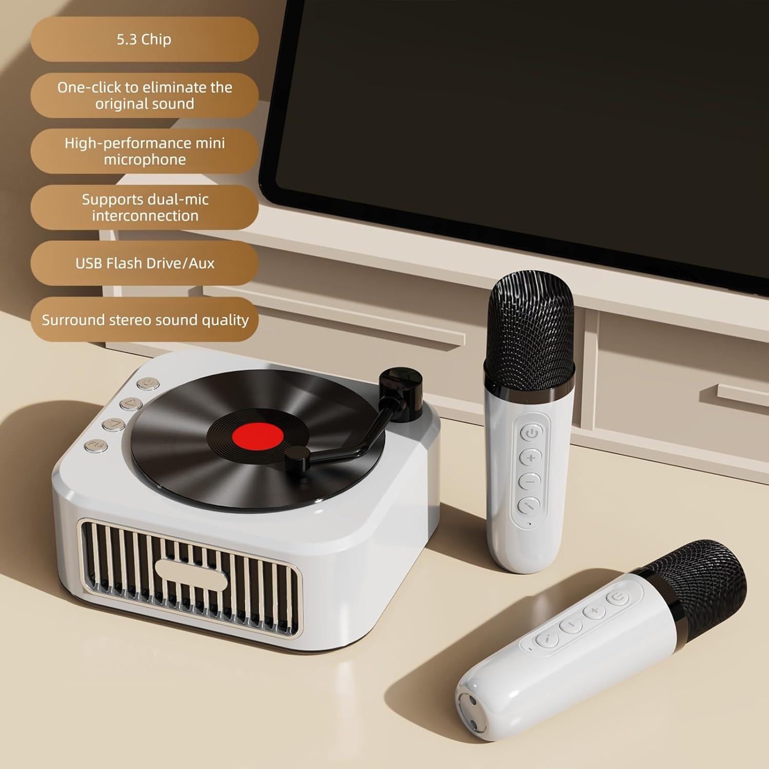Zunate Mini Karaoke Machine for Kids Adults, Portable Bluetooth Speaker with 2 Wireless Microphones - Retro Design, Voice Changer, Vocal Remover for Home Party Gift (White)